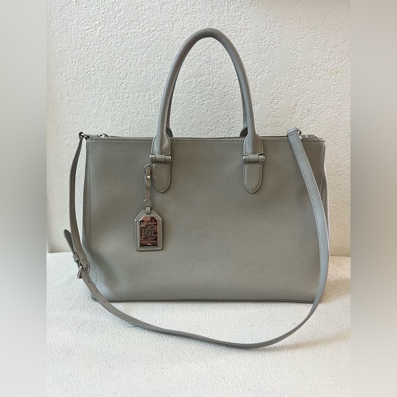 Lauren Ralph Lauren Gray Leather Newbury Double Zip Satchel Crossbody TotePurse - Picture 1 of 14